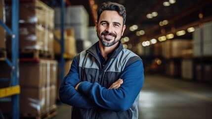 Fototapeta premium An engineer wearing PPE stands with his arms crossed and smiling looking at the camera in a warehouse with a shipping container in the background.