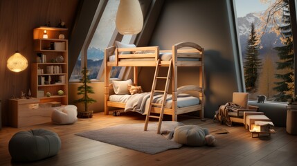 Fototapeta na wymiar The children's bedroom has a cute, simple bunk bed. Stair safety railing design for upper bunk bed and a comfortable space below for playing or storing. Focusing on space-saving but comfortable design