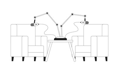 Studio recording room black and white 2D cartoon object. Podcast microphones two armchairs isolated vector outline item. Professional equipment interior monochromatic flat spot illustration
