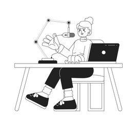 European woman speaking into mic stand notebook desk black and white 2D cartoon character. Radio personality caucasian female isolated vector outline person. Monochromatic flat spot illustration