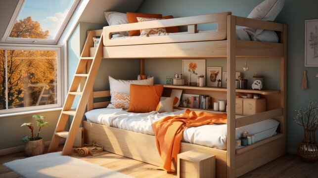 The children's bedroom has a cute, simple bunk bed. Stair safety railing design for upper bunk bed and a comfortable space below for playing or storing. Focusing on space-saving but comfortable design