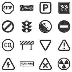 Signal Signs Icons. Black Scribble Design. Vector Illustration.