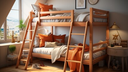 Fototapeta na wymiar The children's bedroom has a cute, simple bunk bed. Stair safety railing design for upper bunk bed and a comfortable space below for playing or storing. Focusing on space-saving but comfortable design