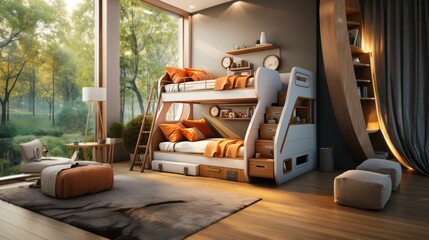 The children's bedroom has a cute, simple bunk bed. Stair safety railing design for upper bunk bed and a comfortable space below for playing or storing. Focusing on space-saving but comfortable design