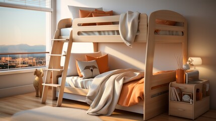 Obraz na płótnie Canvas The children's bedroom has a cute, simple bunk bed. Stair safety railing design for upper bunk bed and a comfortable space below for playing or storing. Focusing on space-saving but comfortable design