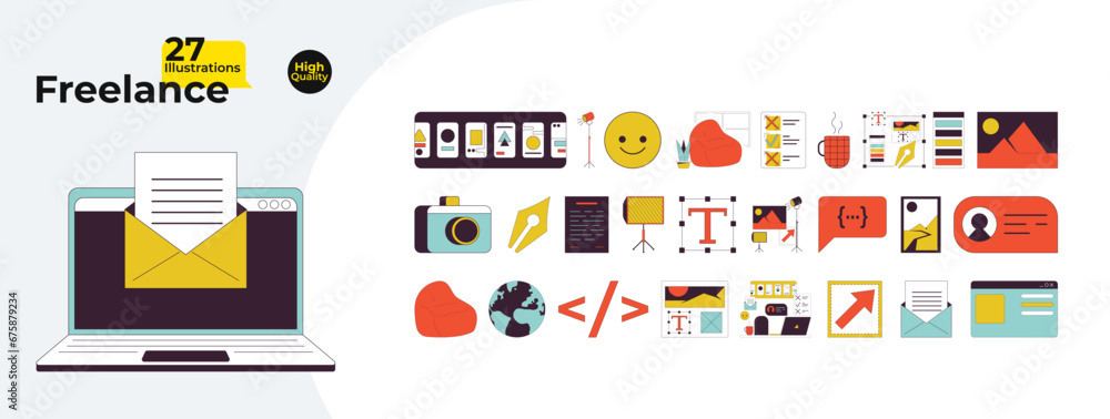 Poster freelance services 2d linear cartoon objects bundle. programming, photographing, web designing isola
