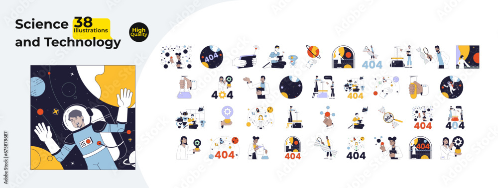 Poster science and technology 2d linear illustration concepts bundle. white coat researchers diverse cartoo