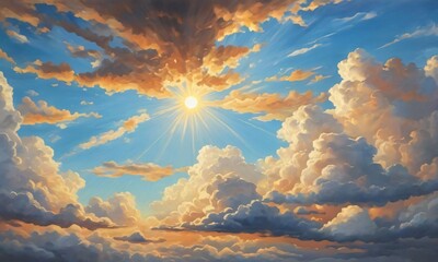 Painting Of A Sky With Clouds And Sun.