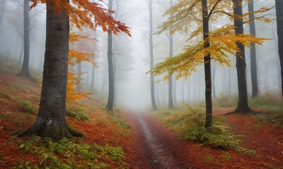 Tranquil Foggy Autumn Forest.