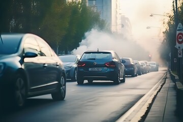Fototapeta na wymiar cars on the damaged highway emit smoke