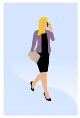 Business woman walking and talking on her cell phone and carrying a wallet bag. Background with abstract shape and gradient color. Silhouette of beautiful woman dressed elegantly.