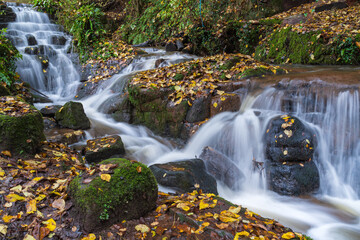 Long Exposure waterfall creating a smooth water effect in Badger in Shropshire, UK