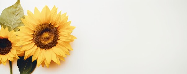 Generative AI image of a copy space banner of macro photo of sunflower blossom on a white background