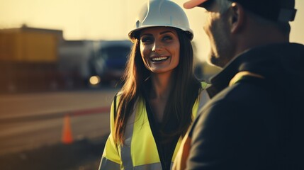 Chief Engineer of Expressway Construction Site Wear a uniform and helmet. Standing and handing over work to female workers At the motorway construction site - obrazy, fototapety, plakaty