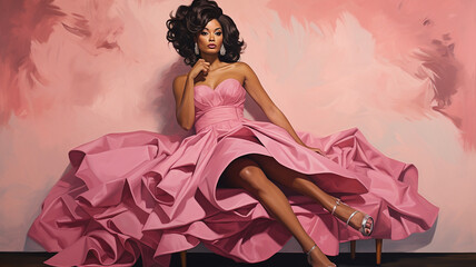Beautiful slender African American woman sits on banquette in elegant dress - Powered by Adobe