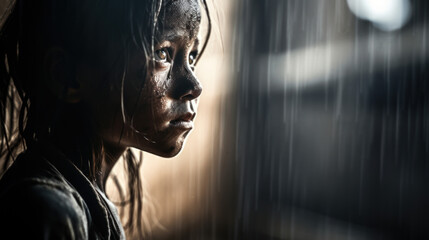 portrait dramatique d'un enfant perdu abandonné sous la pluie dans un décor lugubre et inquiétant - obrazy, fototapety, plakaty