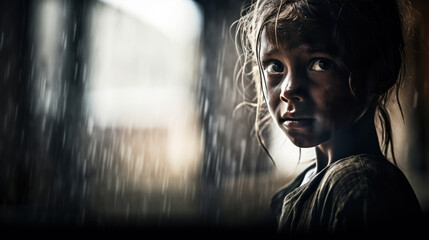 portrait dramatique d'un enfant perdu abandonné sous la pluie dans un décor lugubre et inquiétant