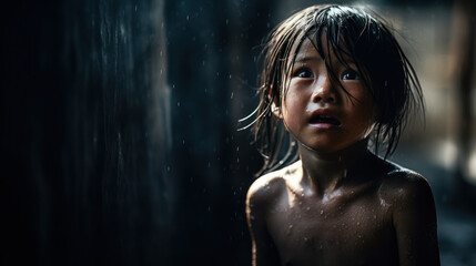 portrait dramatique d'un enfant perdu abandonné sous la pluie dans un décor lugubre et inquiétant
