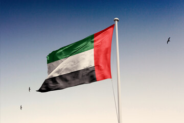 United Arab Emirates flag fluttering in the wind on sky.