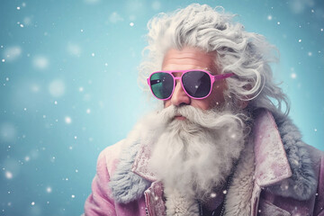 Hipster Santa Claus with Pink Sunglasses - Snowy Background