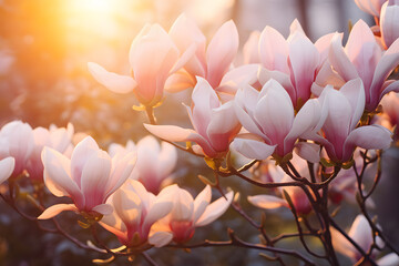 Close up of beautiful blooming Magnolia tree with pink flowers and sunset light in background