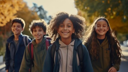 Generative AI image of middle school students from different rases walking to school together smiling, facing the camera