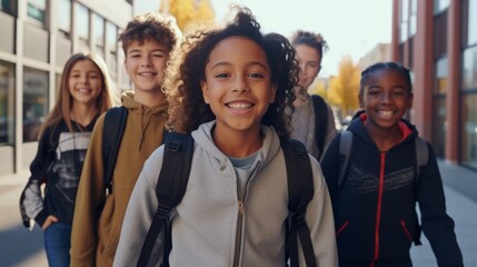 Generative AI image of middle school students from different rases walking to school together smiling, facing the camera - obrazy, fototapety, plakaty