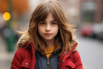 Portrait of a beautiful little girl in a red jacket on the street