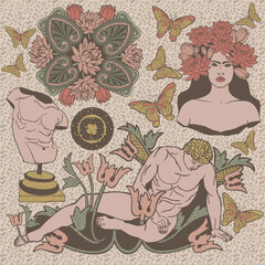 Vintage poster with the image of a Greek god and goddess, butterflies, lotuses, etc. Stickers on the theme of Greek mythology
