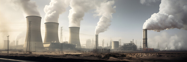 Nuclear power plant in desert in morning. Industrial Landscape - obrazy, fototapety, plakaty