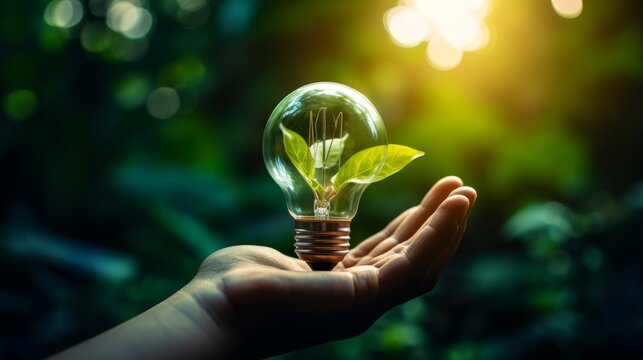 Generative AI image of a Hand holding light bulb against nature on green leaf with energy sources, Sustainable development and responsible environmental, Energy sources for renewable, Ecology concept
