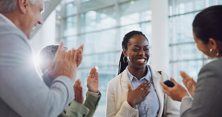 Woman, team and clapping for success, promotion and bonus at work, good news and announcement....