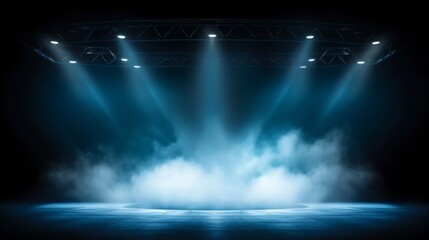 Generative AI image of a Illuminated stage with scenic lights and smoke. Green vector spotlight with smoke volume light effect on black background. Stadium cloudiness projector