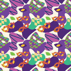 A bright pattern for the Mardi Gras holiday. Carnival masks, abstract forms. Purple, green, orange, white. For fabric, textiles, wrapping paper, postcards.
