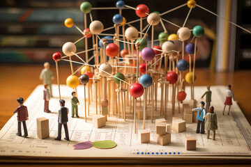 Miniature people before a 3D brain model, depicting neuroeducation and cognitive development through social interaction.