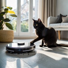 Cute cat having fun with a Vacuum hoover cleaning robot. cute and curious kitten is playing at home. smart home