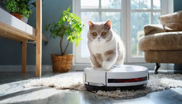 Cute cat having fun with a Vacuum hoover cleaning robot. cute and curious kitten is playing at home. smart home