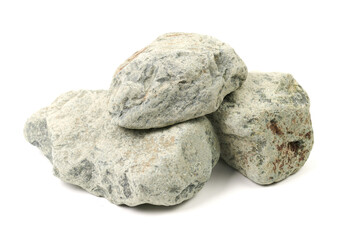 Obraz premium Set of sauna stones isolated on white background. Natural mineral rock rodingite