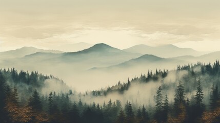Naklejka na ściany i meble Generative AI image of a Misty landscape with fir forest in vintage retro style, autumn