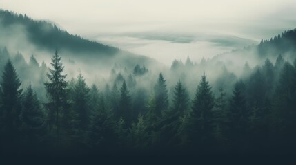 Generative AI image of a Misty landscape with fir forest in vintage retro style, autumn
