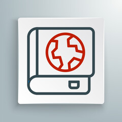 Obraz premium Line Earth globe and book icon isolated on white background. World or Earth sign. Global internet symbol. Geometric shapes. Colorful outline concept. Vector