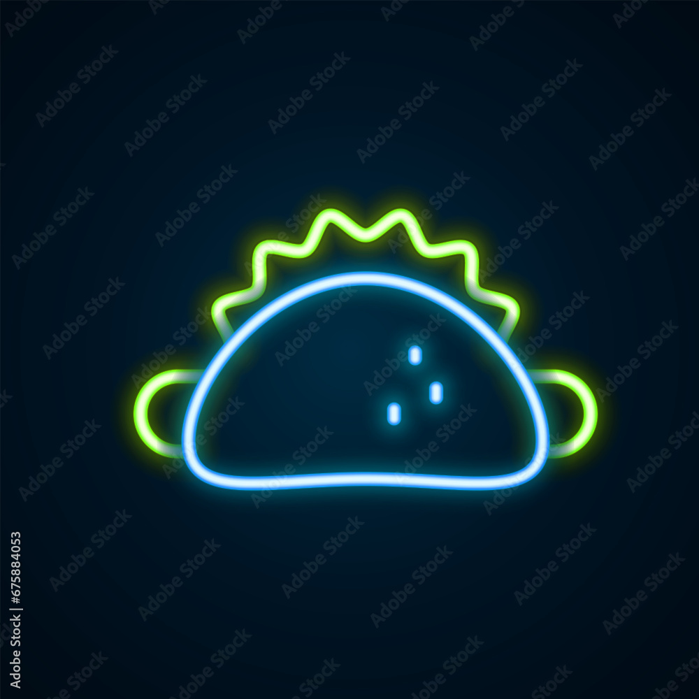 Sticker Glowing neon line Taco with tortilla icon isolated on black background. Traditional mexican fast food menu. Colorful outline concept. Vector