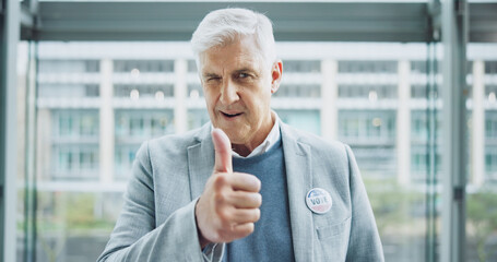 Senior man, thumbs up and politician for vote, thank you and feedback on choice, decision and...