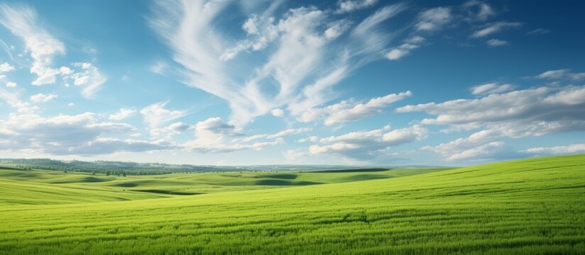 Generative AI image of natural scenic panorama green field