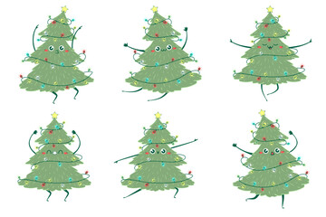 Clipart set Kawaii doodle Christmas tree dancing. Children's handmade naive style. Simple New Year character isolated on white background. Happy spruce concept