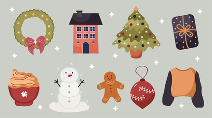 Merry Christmas, Christmas collection with traditional Christmas symbols. Vector Illustration