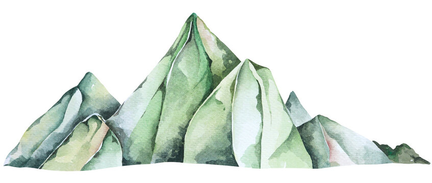 Mountain landscape watercolor.Green hill element.Mountain range.