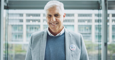 Senior man, vote sticker and portrait for election, positive and candidate for america, government...