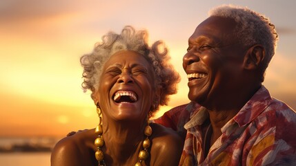 Generative AI image of senior couple laughing by the beach at sunset, close up, gemstone, photo-realistic landscapes, happenings