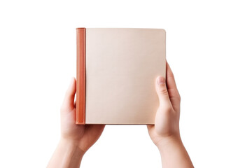 Hand holding blank book on transparent background.